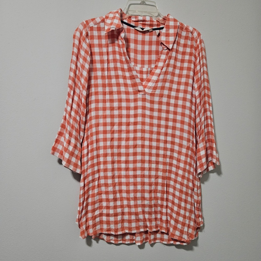 Soft Surroundings Orange Gingham V-Neck Rayon Tunic Top 2BA17 Women‎ Large